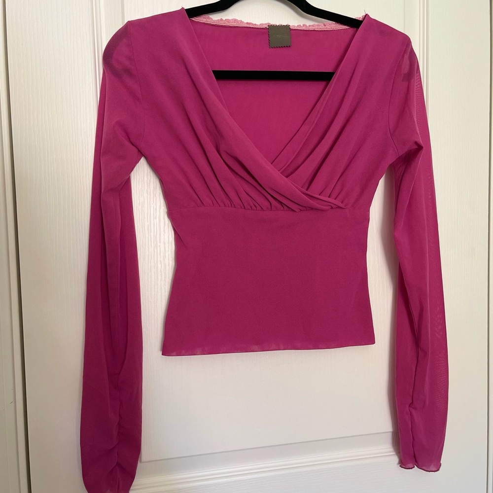 Fuchsia Pink Cropped Mesh Criss Cross Long Sleeve Blouse Size M